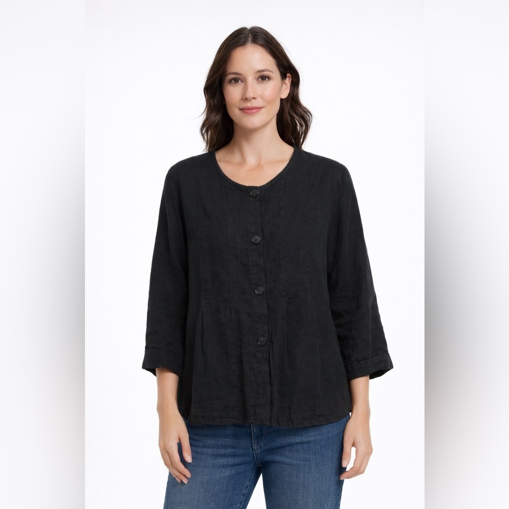FLAX 100% Linen Black Button Front Blouse Lagenlook 3/4 Sleeve Relaxed Fit Top